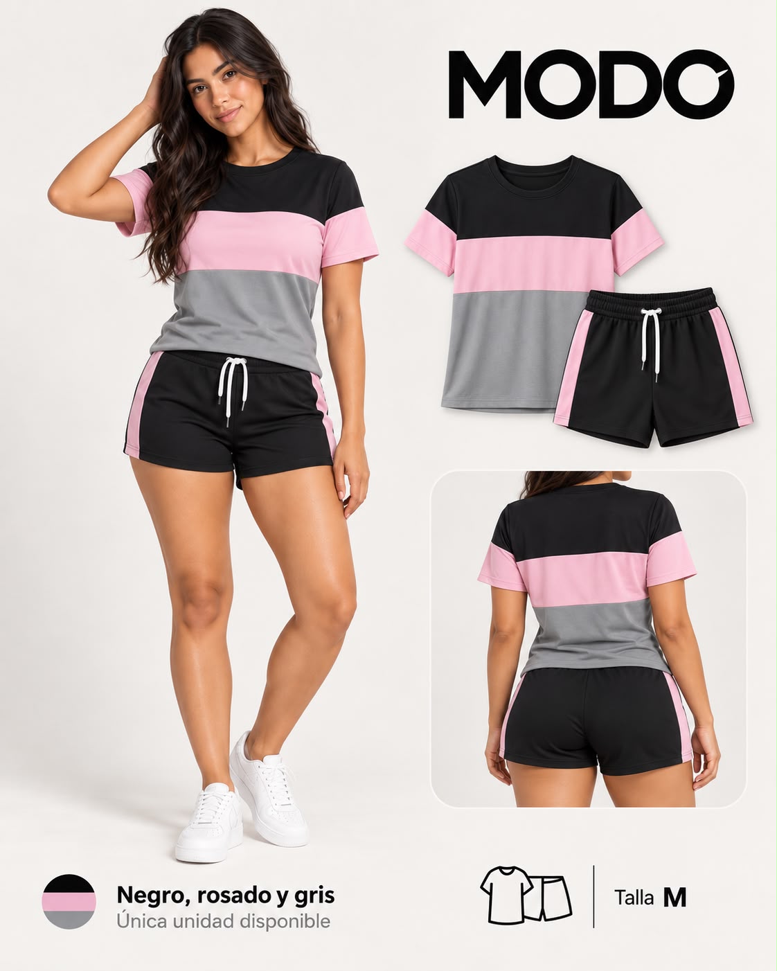 Conjunto camiseta + short negro, rosado y gris